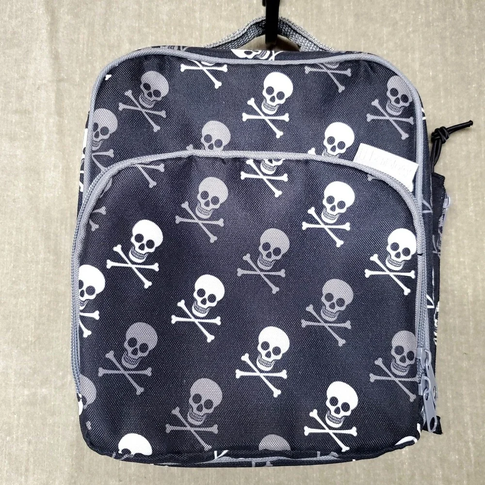 Bentology Insulated Lunch Bag Skulls Crossbones Black Grey White Zippered Pouch